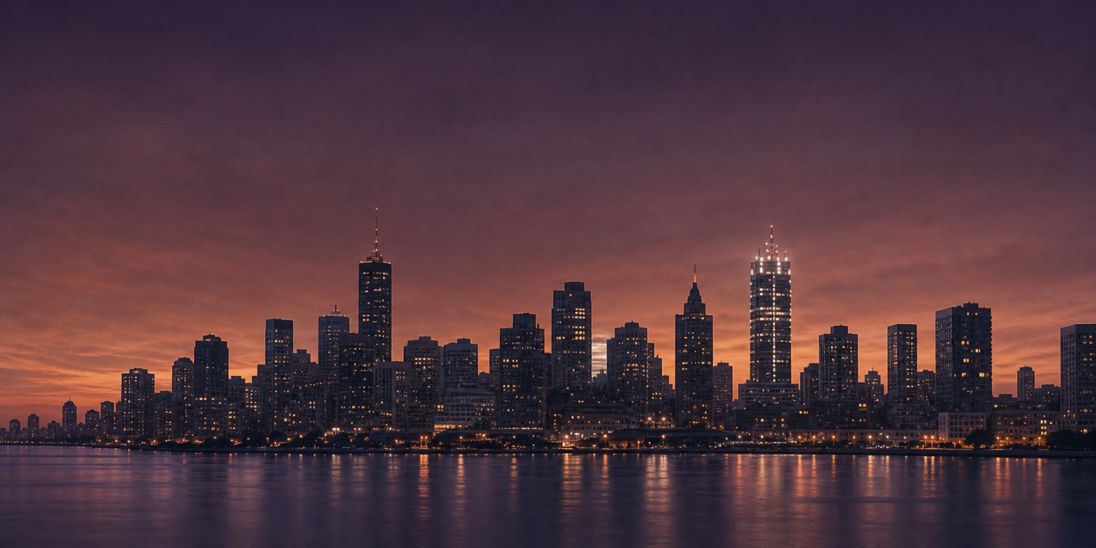City skyline at dusk across the water