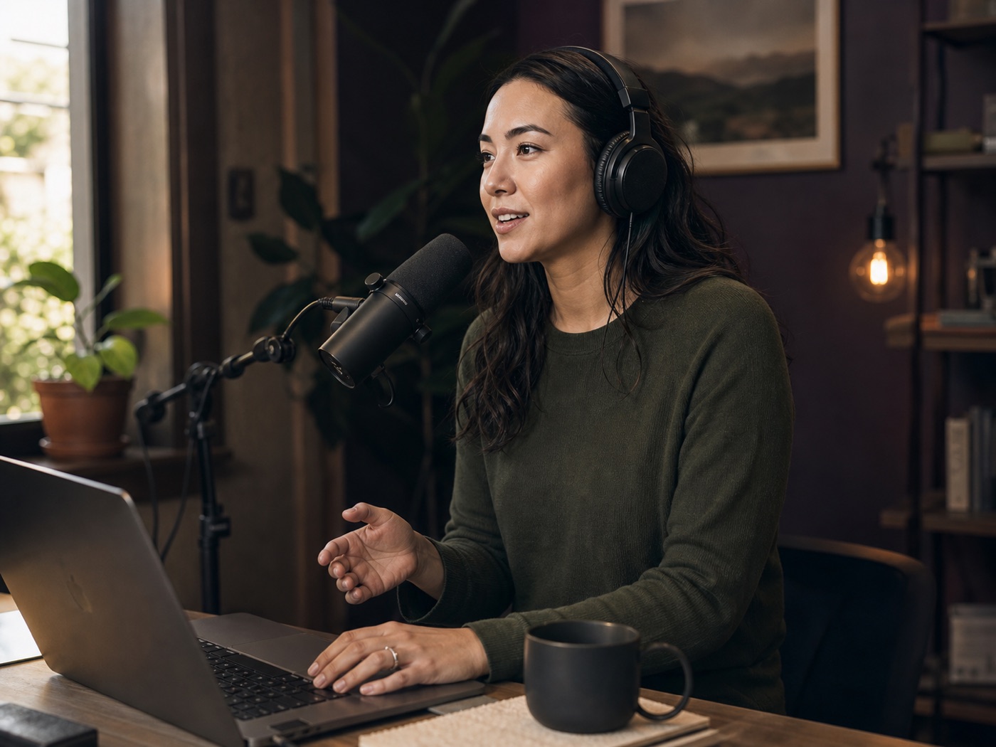 Video editor and podcast producer working in a warm studio