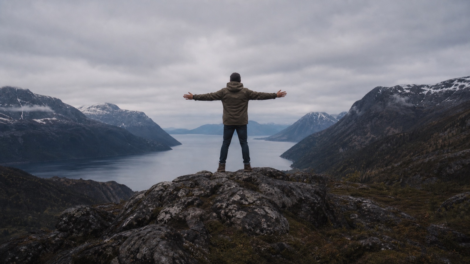 Documentary frame of a creator overlooking a mountain lake